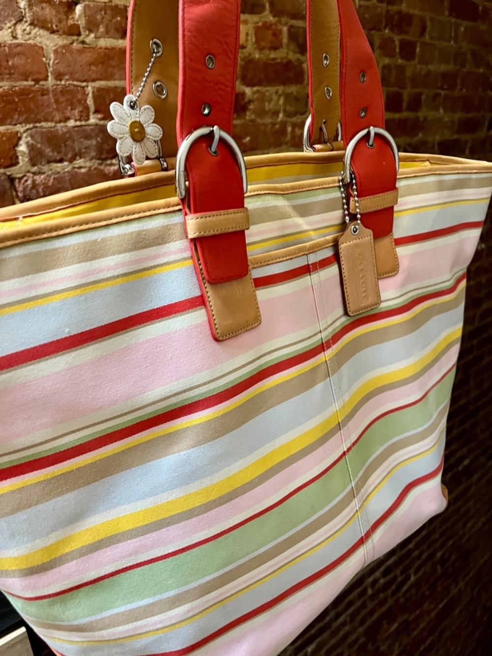 Coach Pastel Multi Striped Canvas Tote with Coral Leather Straps - Picture 3 of 9